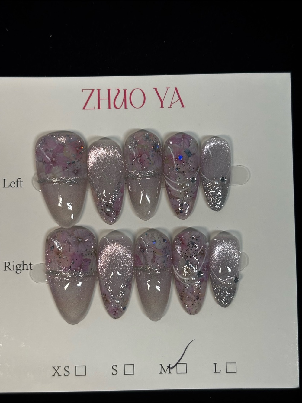 Pink and Silver Floral Glitter Press-On Nail Set